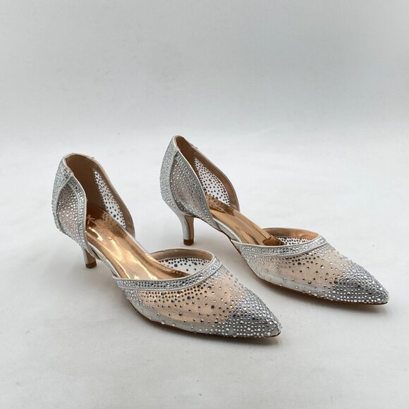 XYD Ivory Mesh Pointed Toe D'Orsay Kitten Heel Rhinestone Studs Slip-On Shoes - Picture 4 of 8